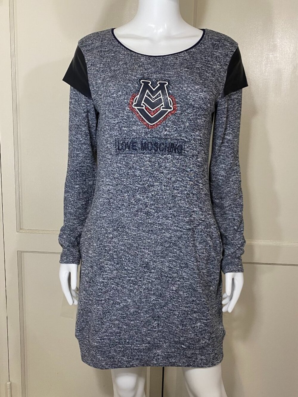 LOVE MOSCHINO Gray Sequin Logo Sweater Knit Dress Faux Leather Sleeve 2 M ($350)